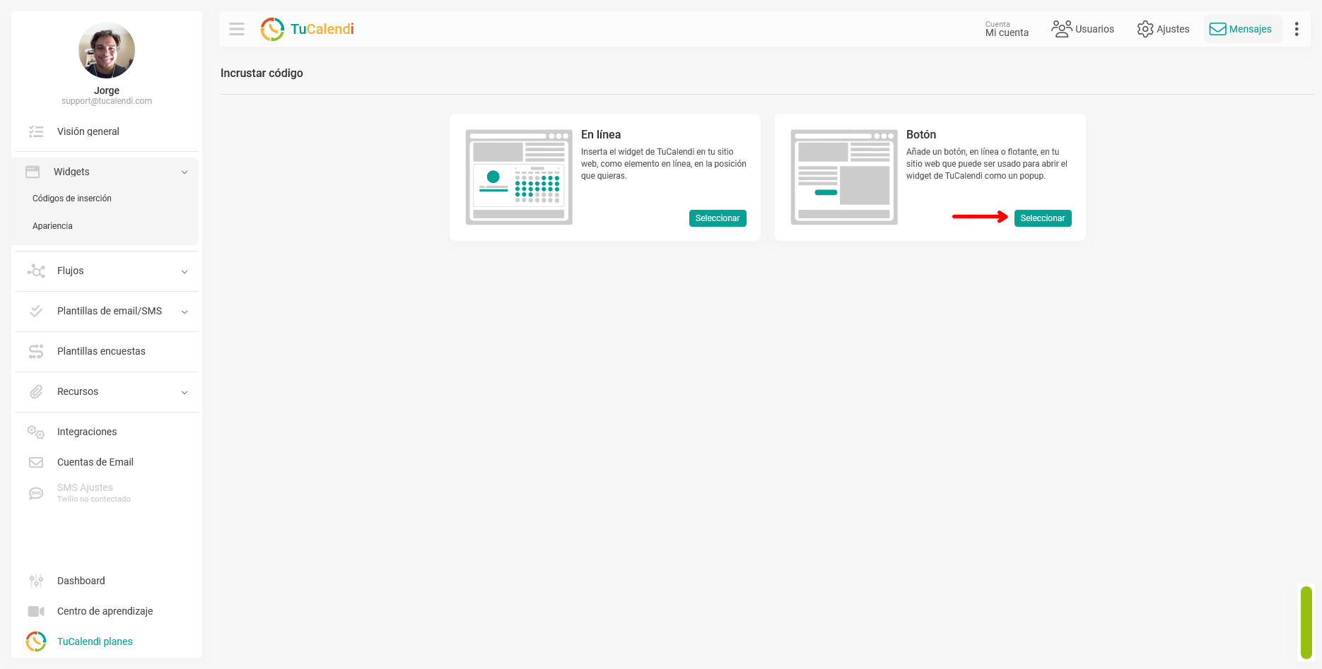 Incustrar código del widget como botón