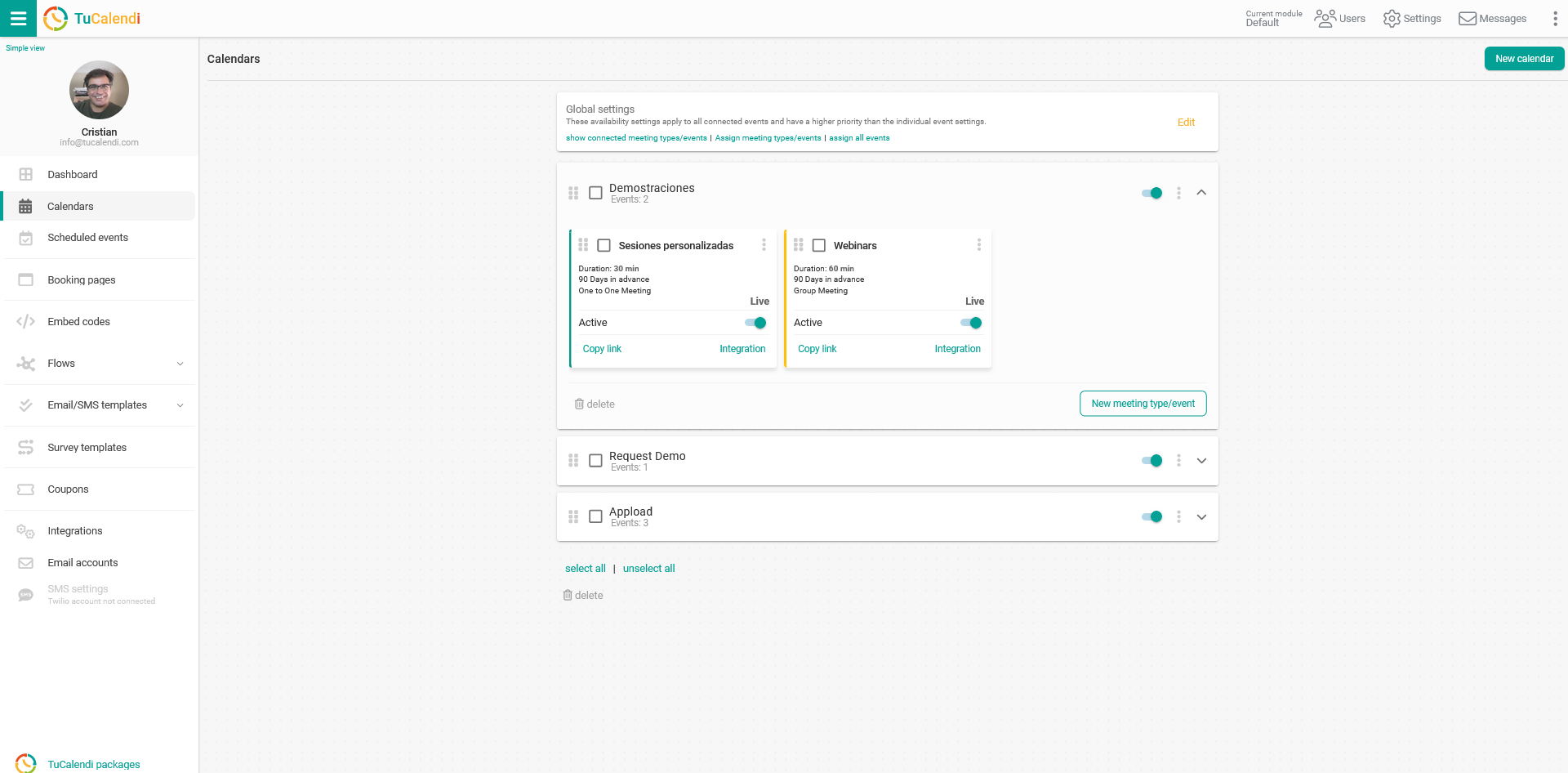 Dashboard calendars and events