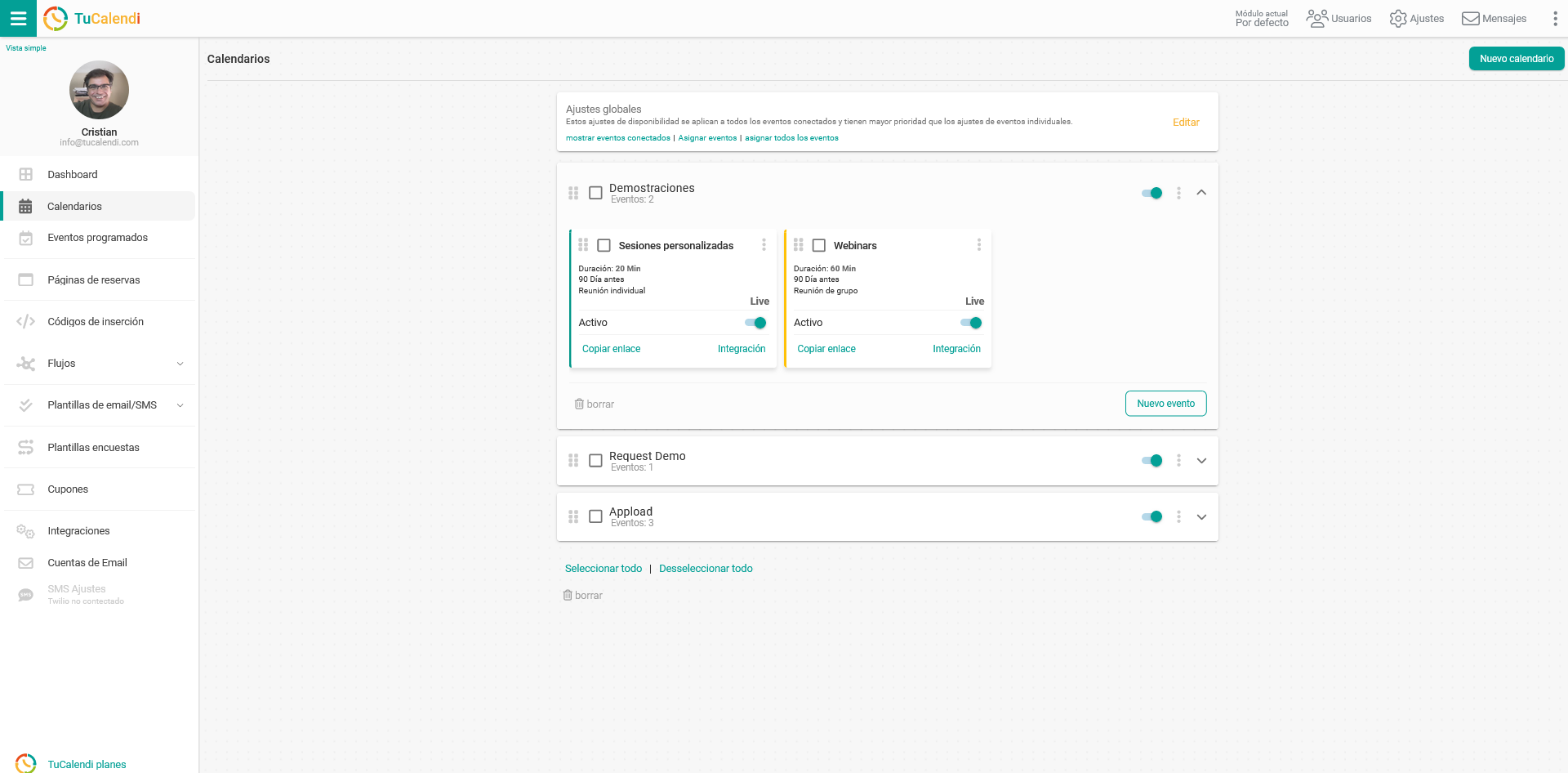 Dashboard calendarios y eventos